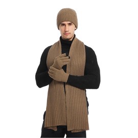 Winter Hats Scarf for Men with Touchscreen Gloves Set Warm Men's Beanie Hats Thermal Gloves and Long Scaves Khaki