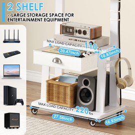 Mobile TV Stand with Drawer for 23-75 inch Flat/Curved Screen,Tilt Rolling TV Cart on Wheels with 2 Shelves,Adijustable Height TV Stand Holds up to 120lbs for Indoor Outdoor,Max VESA 600x400mm,White