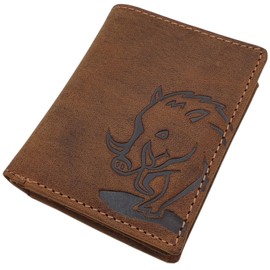 myledershop Small Genuine Buffalo Full Leather Wallet/Wallet/Purse in Portrait Format with Deer Motif or Wild Boar Motif with RFID & NFC Protection, Boar motif / brown, Modern