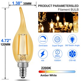 Energetic CA11 E12 LED Chandelier Light Bulbs 40W Equivalent, Dimmable LED Candelabra Bulbs, 2200K Amber White, 330LM, Amber Glass, 12 Pack