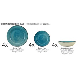 Tudor Royal 12-Piece Porcelain Round Dinnerware Set, Service for 4, COSMICSTONE Design, Plates Bowls Dishes, Premium Quality Tableware, Unique Pattern, Glossy