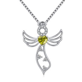 JiaYang Little Guardian Angel Halskette 925 Sterling Silber mit Herz August Peridot Engelsflügel Anhänger Einzigartige Geschenke für Sie