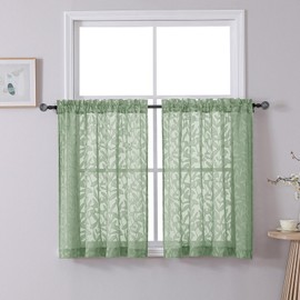 Chyhomenyc Sage Green Sheer Kitchen Curtains 36 Inch Length, Light Filtering Leaf Tufted Textured Cafe Curtains Small Short Bathroom Window Drapes, 42" Wx36 L, 2 Pieces