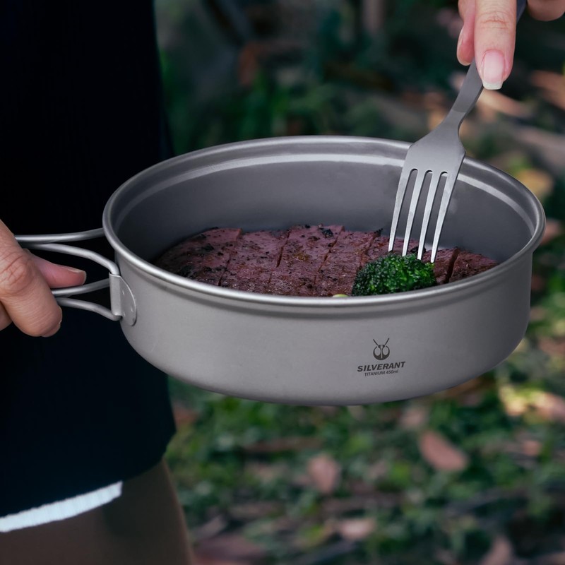 SILVERANT Camping Plate Titanium Pan Dish Plate with Handle &