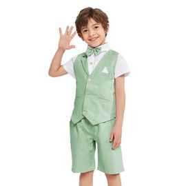 LOLANTA Boys Summer Suit Dress Clothes Kids Wedding Ring Bearer Outfit 4Pcs Shirt Vest Shorts Set(Sage Green,5)