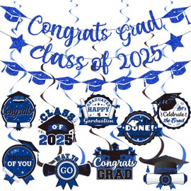 Glitter Blue Congrats Grad Banner Class of 2025 Banner Graduation Banner Class of 2025 Graduation Party Decorations Graduation Decorations Class of 2025 for Congrats Decorations