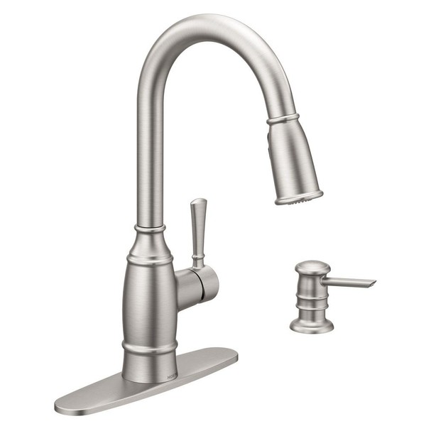MOEN Noell Single-Handle Pull-Down Sprayer Kitchen Faucet with Reflex and Soap Dispenser in Spot Resist Stainless