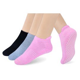 RATIVE Anti Slip Non Skid Barre Yoga Pilates Hospital Ankle Socks with grips for Adults Men Women (Medium, 3-pairs/black+grey+pink)