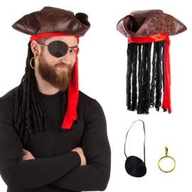 Tigerdoe Pirate Hat with Dreadlocks - Tricorn Hat - Caribbean Pirate Costume Accessories (3 Pc Set), Brown