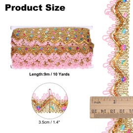 QUARKZMAN 10 Yard Shiny Beaded Lace Trim 1.4 Inch Metallic Sequin Lace Fabric Ribbon Flat Sewing Fabric Trims Strips for DIY Crafts Sewing Clothes Gift Wrapping Home Decoration Pink/Gold