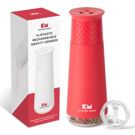 Kitchen Mama Rechargeable Gravity Salt and Pepper Grinder, Adjustable Coarseness, Refillable, Electric One-Hand-Operated, Small & Light Seasoning Tools - Automatic Spice Shaker Dispenser (Red)