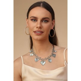 GLORIG Worn Silver Heart Necklaces for Women with Seven Textured Heart Charms Necklace Puffy Heart Necklaces Silver Necklaces For Women Statement Necklace Women Jewelry Gift