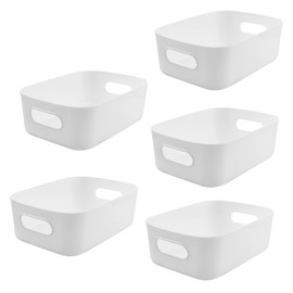 Lre Co. Pack of 5 Small Plastic Baskets, Storage Box, Small Basket Boxes with Handles, Storage Bag, Organiser for Bathroom, Kitchen Shelf (White, 20.5 x 15 x 7 cm)