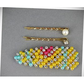 Perfect Hairstyle with Our Hair Accessories - Yellow Striped Snap Barrette Set Pearl Crystal Gold Bobby Hair Pins Barrette Fashionable Hair Accessory Hair Jewelry Accessories for Lady Women