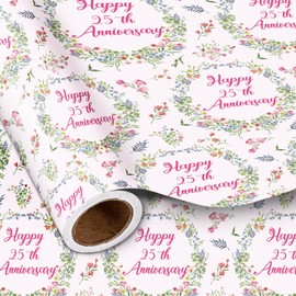 LeZakaa Anniversary Floral Wrapping Paper Roll, Happy 25th Anniversary, Pink Floral Wreath Gift Wrap for Wedding, Bridal Shower, Anniversary, Valentines Day, Party, Mini Roll, 17 inches x 16.4 Feet