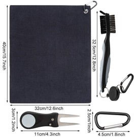 Bohoman 3 Piece Microfibre Golf Towel + 1 Piece Golf Club Brush + 1 Piece Foldable Golf Divot Tool Set, 2-in-1 Towel with Carabiner, Golf Accessory Set