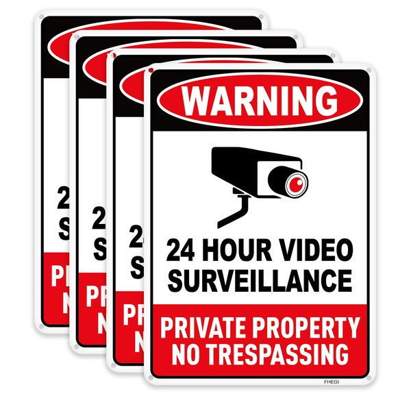 FHEGI 4-Pack Private Property No Trespassing Sign, video surveillance signs