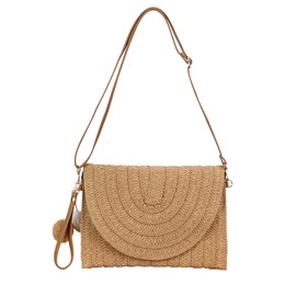 BAIYSFFG Straw Clutch Handbag Purse Straw Crossbody Bag with Pom Pom Keychain and Zipper Closure Summer Beach Bags for Women Straw Woven Envelope Bag Party Totes for Evening Party