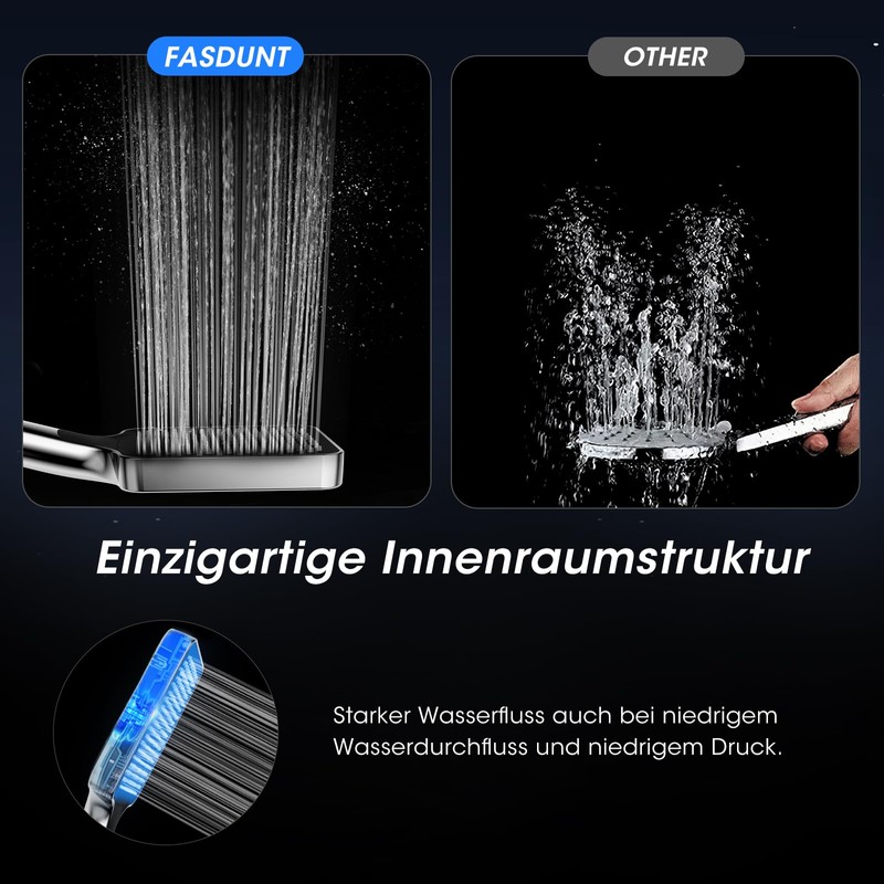 FASDUNT Shower Head with Hose 2 m Water-Saving Shower Head