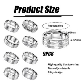 Eowppue 9pcs Stainless Steel Rings,Men's Silver Rings Stainless Steel Spinner Fidget Ring,Spinner Ring Collection
