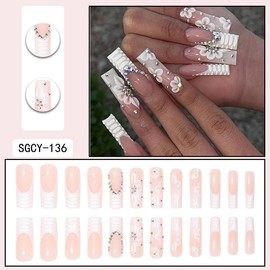Nude White Flower 3D Rhinestones Fake Nails Press On Nails Long Square Coffin,Glossy with Designs Full Cover Acrylic Glue on Nails False Nails Thick French Tip Stick on Nails for Women 24Pcs SGCY-136