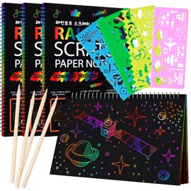 4 Pack Scratch Arts Drawing Notebook for Kids Drawing Pad, Large Rainbow Scratch Drawing Paper Set for Kids Art Supplies (with 4 Wooden Stylus & 4 Drawing Stencils