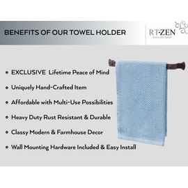 RTZEN Matte Black Hand Towel Holder for Bathroom - Handcrafted Farmhouse Wrought Iron Metal Kitchen Bar - Small Hand Towel Bar Hanger for Home or Office - Wall Mounted Rack Fits 10" Towels