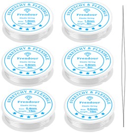 Elastic Band for Bracelets, 1.0 mm x 2, 0.8 mm x 2, 0.6 mm and 0.4 mm Elastic Jewellery Thread, 6 Spools Transparent Elastic Jewellery Thread, Transparent Pearl Thread with Bead Needle for Jewellery
