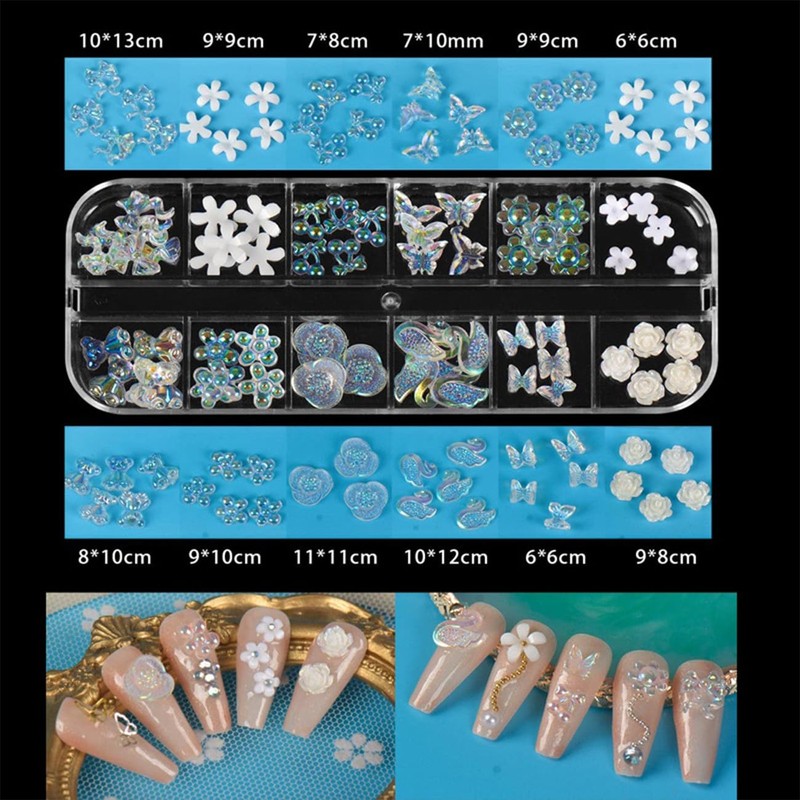 3D Nail Charms, 3D Acrylic Butterfly White Flowers Nail Charms,