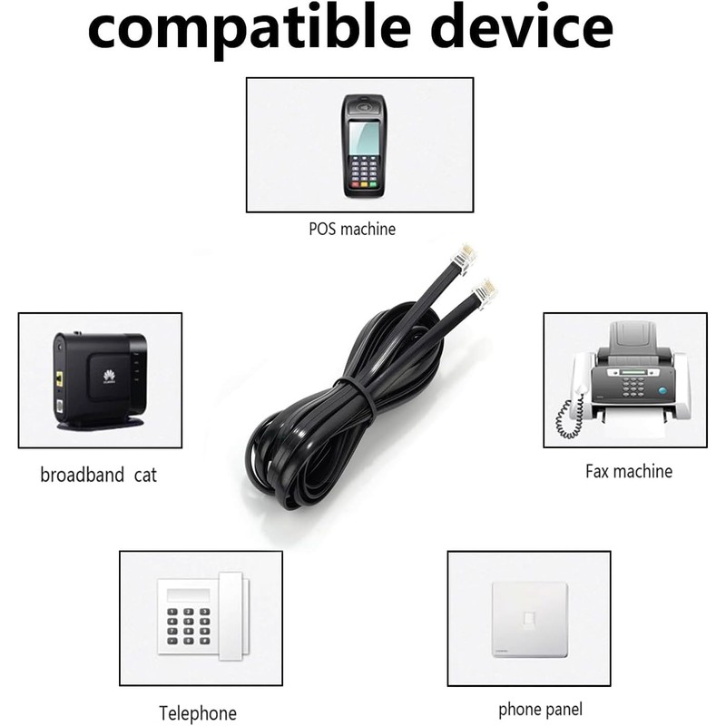 Long Telephone Extension Cord 6 FT, Black, Phone Cable Line