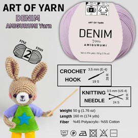 Art of Yarn Denim 55% Cotton,45% Poliacrylic, 4 Skeins Total 200gr (7,055 oz),640m (699 yds),Soft & Smooth Yarn Sport – Fine(2) for Crocheting, Knitting, Amigurumi, Baby Blankets, Baby Garments 99919