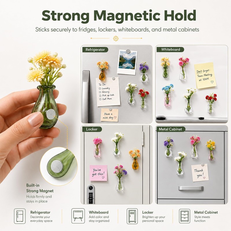 10-Pack Mini Vase Magnets for Fridge with Flowers, Glass Vases