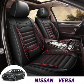JIAMAOXIN 2 Front Car Seat Covers for Nissan Versa 2009-2024 2025 Waterproof Faux Leather Car Seat Cushion Protector Compatible Airbag (with Red Line)