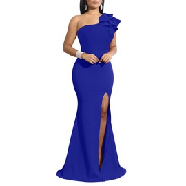 YMDUCH Women's Sexy Sleeveless One Shoulder Ruffle High Split Party Evening Long Formal Dress RoyalBlue