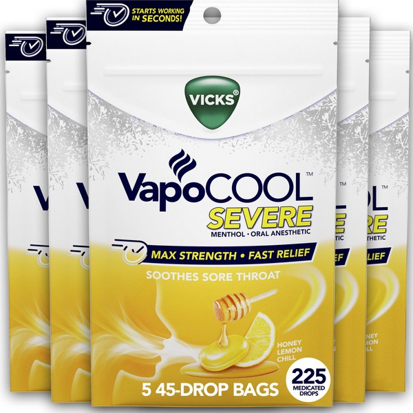 Vicks VapoCOOL SEVERE Medicated Sore Throat Drops, Fast-Acting Max Strength Relief, Soothes Sore Throat Caused by Cough, Powerful Vicks Vapors, Menthol, Honey Lemon Chill Flavor, 225ct (5 45ct packs)