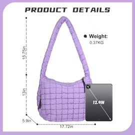 Puffer Tote Bag for Women, Large Puffy Quilted Crossbody Purse with Zipper Lightweight Shoulder Bag Handbag, Light Purple, Large