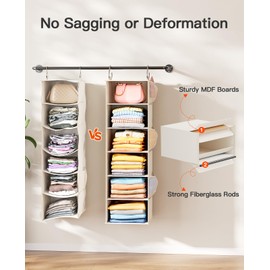 Pipishell Hanging Closet Organizer 6-Shelf, Hanging Shelves for Closet with 3 Removable Drawers & Side Pockets, Hanging Shelf Organizer for Bedroom or Garment Rack, 12'' x 12'' x 43.3'', White