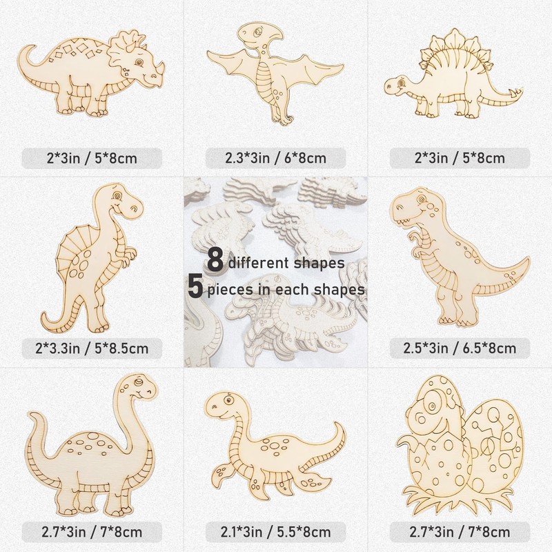 40 Pcs Dinosaur Wooden Paint Crafts, Unius Unfinished Wood Cutouts