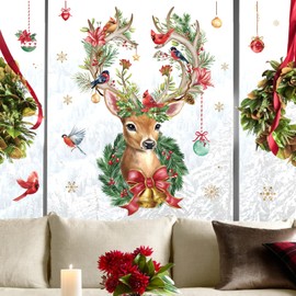 wondever Reindeer Christmas Wall Stickers Large Elk Cardinal Bird Christmas Window Wall Art Decals for Christmas Party Window Xmas Home Party