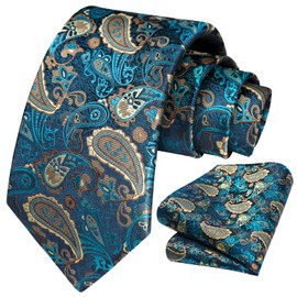 HISDERN Ties for Men Teal Paisley Tie and Pocket Square Woven Classic Floral Mens Tie Handkerchief Set Wedding Party Necktie Aqua Turquoise