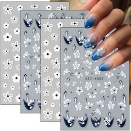 4sheets French Tip Nail Art Stickers Flower Nail Stickers Self Adhesive White Flowers Nail Decals French Floral Nail Design Stickers Nail Supplies for Women Girl