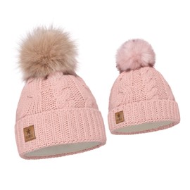 ELIMELI Parent-child hat girls warm winter hat for mother and daughter hat women's winter with faux fur bobble slouch knitted beanie women's bobble hat children mum and baby cap set 1, pink