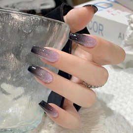 R48 Nail Tips, Long, Black, Korean, Mass Production Type, Fake Nails, Tips, Popular, Fashionable, 3D, Fake Nails, Ribbon, Glitter, Glossy, Gel Nails, Wedding Nail Tips, Easy to Apply, Durable, Convenient, Nail Stickers, Office, Personality, Cool (Set of 24)