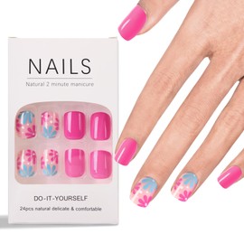 Ladiery French Press on Nails Short Square, Pink Flower Reusable lightweight Fake Nails with Glue Tool Kit for Weddings Festival Vacation Gift 24PCS