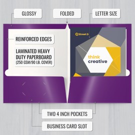 Better Office Products 2 Pocket Glossy Laminated Purple Paper Folders, Letter Size, Purple Paper Portfolios, Box of 25