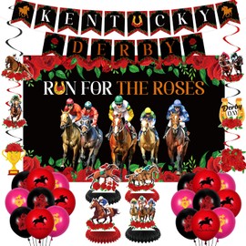 Kentucky Derby Decorations 36Pcs Run for The Roses Horse Racing Party Banner Balloons Table Honeycomb Centerpieces Hanging Swirls Kit for Horse Racing Festival Birthday Baby Shower Party Supplies