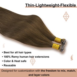 Full Shine Genius Weft Hair Extensions Human Hair Hand Tied Weft Hair Extensions Color Medium Brown Hair Extensions for Women Remy Human Hair Extensions 50G 14 Inch