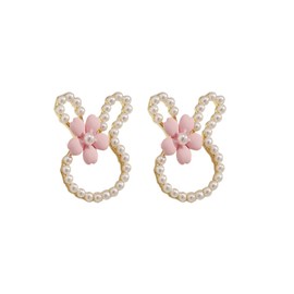Easter Cute Tiny Rabbit Stud Earrings for Women Teen Girls 925 Sterling Silver Needle Hypoallergenic Lovely Cartoon Pink Daisy Flowers Hollow Simulated White Shell Pearl Sweet Bunny Animals Pet Small Earrings for Birthday Jewelry Gifts (Pink)