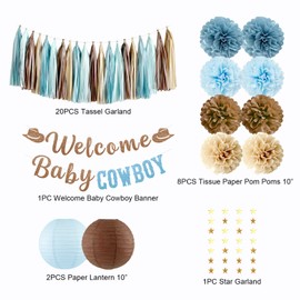Cowboy Baby Shower Decorations, Welcome Baby Cowboy Banner, Paper Pom Poms, Paper Lanterns, Tassel Garland for Western Rodeo Baby Shower Decor