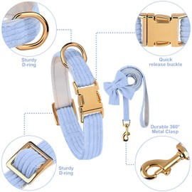 RoseYouth Dog Collar and Leash Set with Bowtie, Cute Girl Dog Collars Metal Buckle Adjustable 10‘’-16‘’for Small Medium Puppy Dogs with 5 FT Leash (Blue,S)